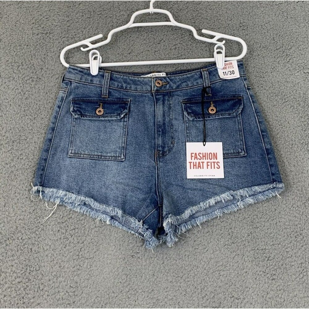Celebrity Pink Women's High Rise Denim Cut-Off Shorts Blue Frayed Hem Size  11